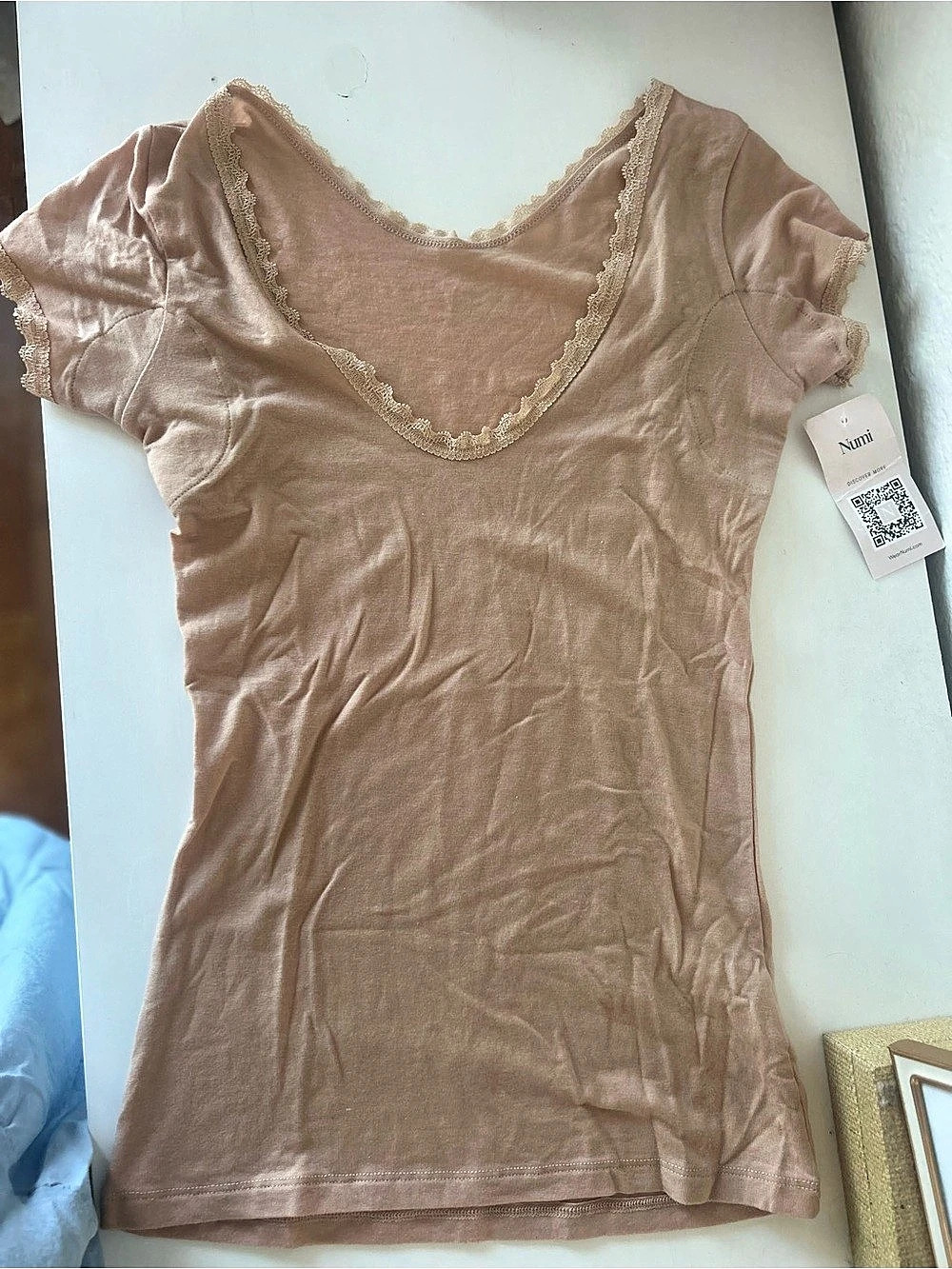 Numi The Lace Undershirt Lace Short Sleeve Top in color Almond NWT